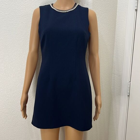 Karl Lagerfeld Paris Dress Sz 2 Scoop Neck Sleeveless Navy Blue Pearls Gold Mini - Picture 5 of 9